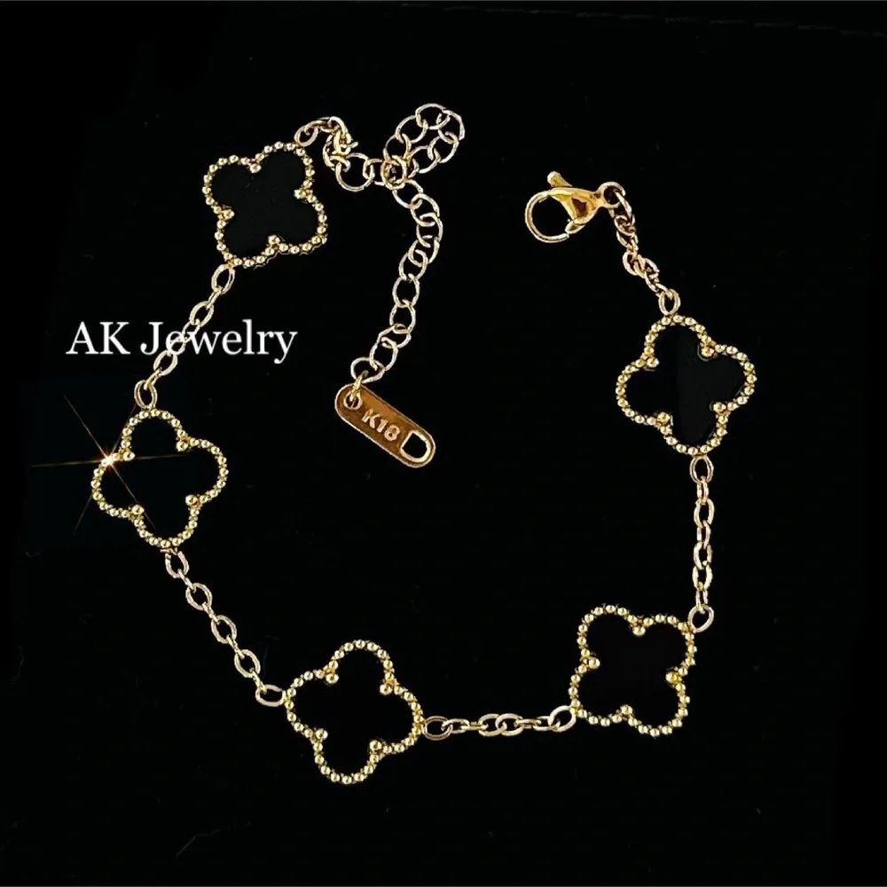 💎18k LUXURY QUATREFOIL Clover 5 Motif Bracelet, Onyx Black Stainless Steel
